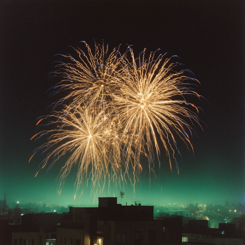 bright golden fireworks bursting in a deep black night sky, cascading wavy light trails with subtle blue and orange tips, dark silhouettes of city buildings in the foreground, hazy emerald green glowing horizon, distant city lights, night photography, visible film grain, long exposure
