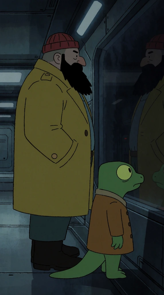 A large man with a thick black beard, yellow trench coat, and red beanie stands beside a small green reptilian humanoid with large round eyes. They wait in a dimly lit metallic spaceship corridor. Both figures are faintly reflected in a dark glass window panel on the right. The 2D animation style features flat muted colors, dark line art, and deep shadows.