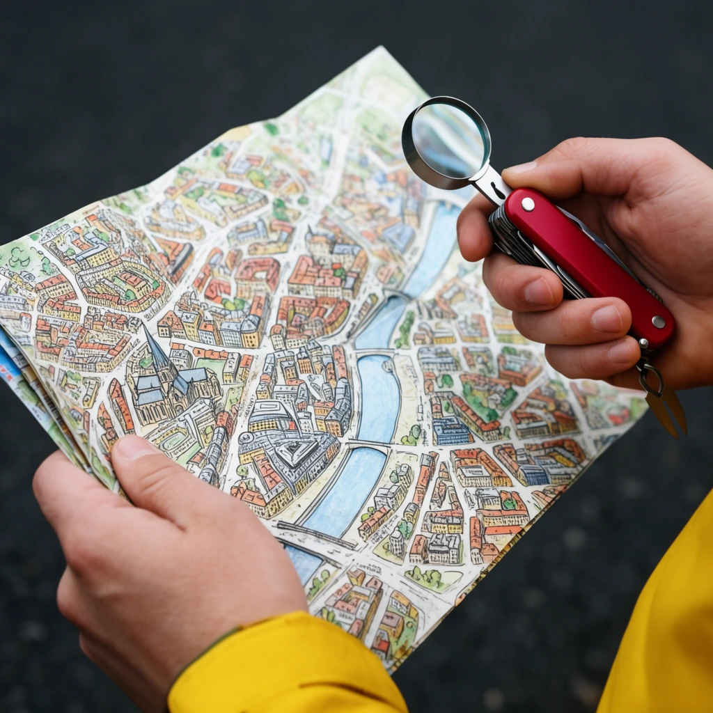 hands holding an unfolded illustrated city map, right hand gripping a red multi-tool with extended magnifying glass, aerial cityscape drawing with a river, yellow sleeve, blurred dark asphalt background, close-up, shallow depth of field