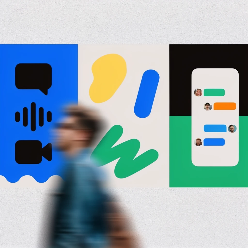 A heavily motion-blurred pedestrian walks across the foreground, contrasting with a vibrant three-panel graphic poster on a textured white wall. The left panel is bright blue with a wavy bottom edge and three black rounded icons showing a speech bubble, sound wave, and video camera. The off-white center panel features scattered abstract geometric shapes including a yellow blob, blue pill, and green squiggle. The right panel splits black and bright green, displaying a white mockup of a mobile chat interface with small portrait photos and colored message bubbles. The composition balances the dynamic photographic blur of the moving figure against the crisp, flat vector style of the colorful geometric advertisement.