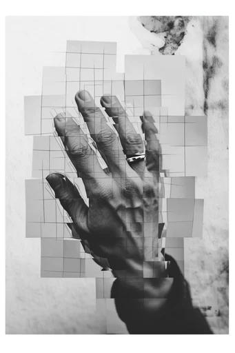 Fragmented Monochrome Surrealism style reference image — monochrome collage