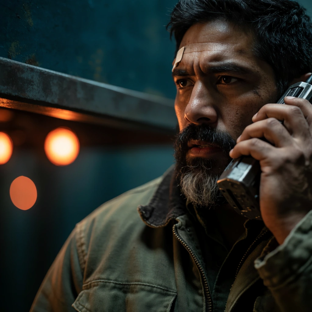 extreme close-up of a rugged Hispanic man with a thick salt-and-pepper beard, intense focused expression, small bandage on his forehead, holding a bulky metallic walkie-talkie to his left ear, wearing a heavy olive-green canvas jacket, dark teal industrial background, horizontal metal beam, out-of-focus glowing orange circular lights, dramatic cinematic side lighting, shallow depth of field, anamorphic bokeh, tense atmosphere