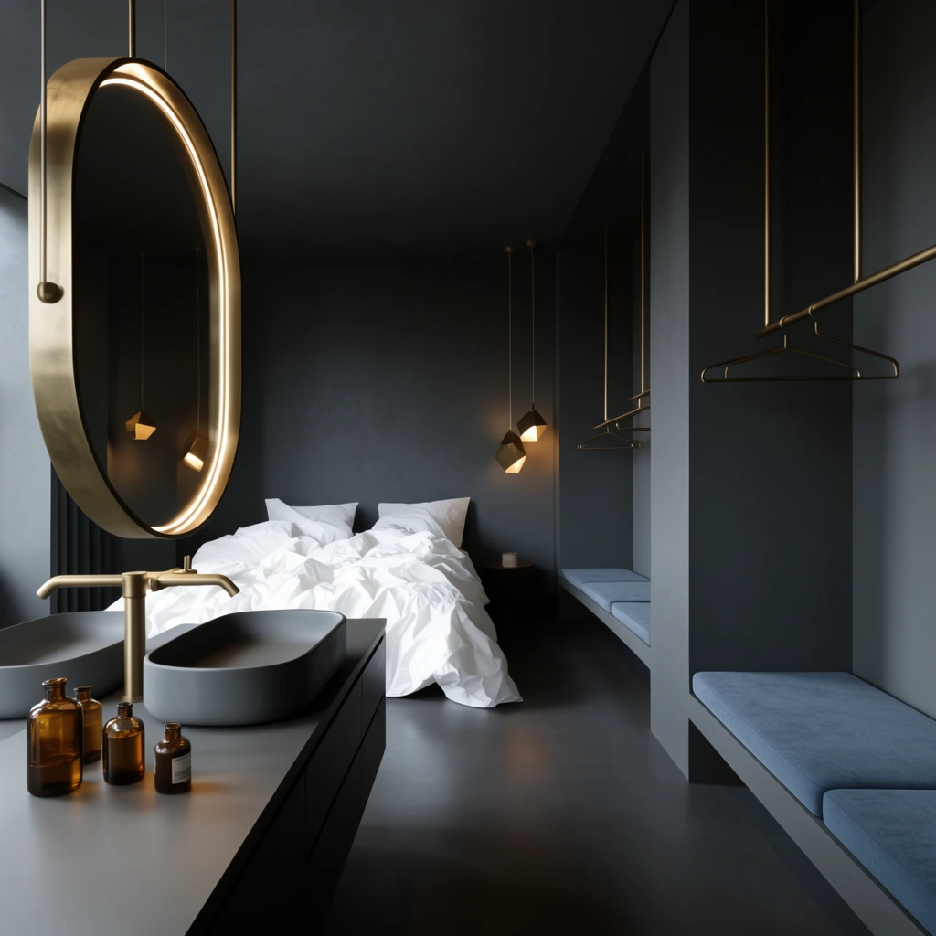 A moody open-concept interior in a dark matte grey palette with brushed brass accents. A foreground vanity features a matte grey vessel sink and amber glass bottles beneath a glowing halo-lit oval mirror suspended from the ceiling. Beyond, an unmade bed with bright white crumpled linens contrasts sharply against the dark walls. Minimalist built-in benches with blue-grey cushions and brass hanging racks sit to the right, illuminated by warm geometric pendant lights in this wide-angle architectural photograph.