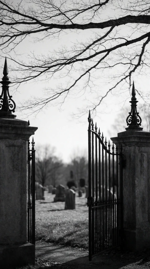 A black and white photograph of a partially open wrought-iron gate between stone pillars. Bare tree branches reach across a pale sky above ornate spiked finials. A softly blurred cemetery with headstones rests in the background.