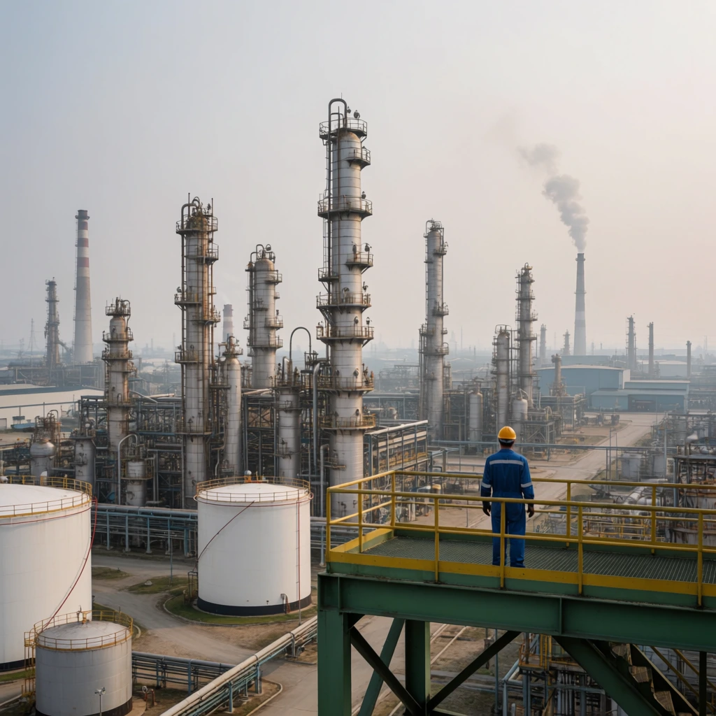 A cinematic wide shot of an industrial refinery under a smoggy sky. A worker in a blue jumpsuit and hard hat stands on a green metal foreground platform. The compressed background features towering silver distillation columns, storage tanks, and distant smokestacks.