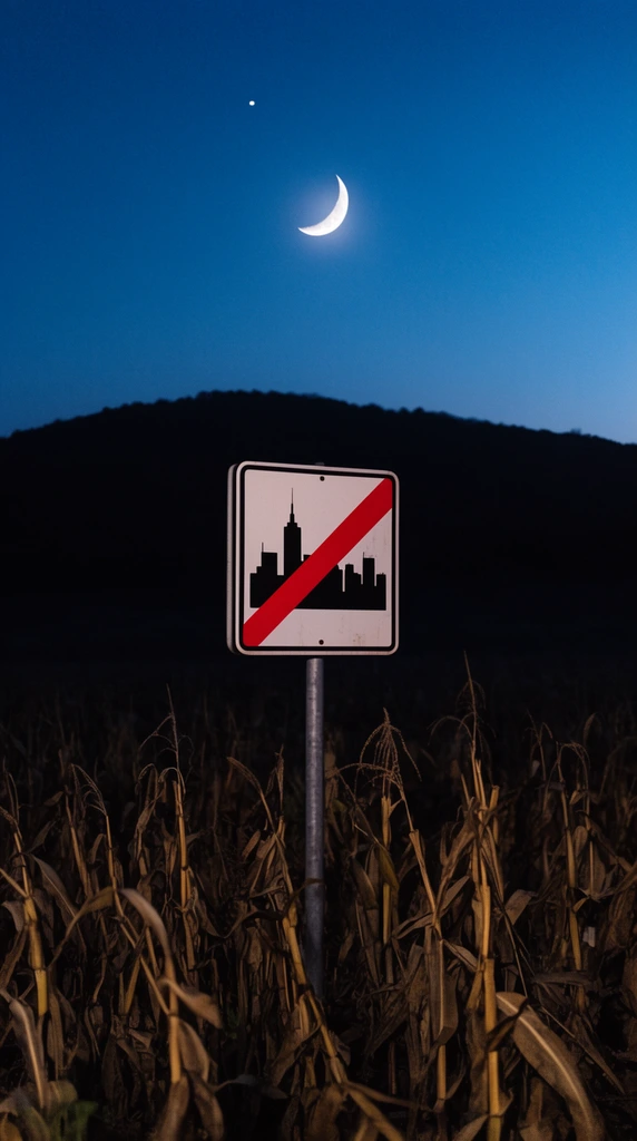 A square road sign featuring a black city silhouette slashed by a red diagonal stripe stands in a dimly lit field of dry corn stalks. Behind it, a silhouetted hill spans the horizon under a deep blue twilight sky illuminated by a bright crescent moon and a single star.