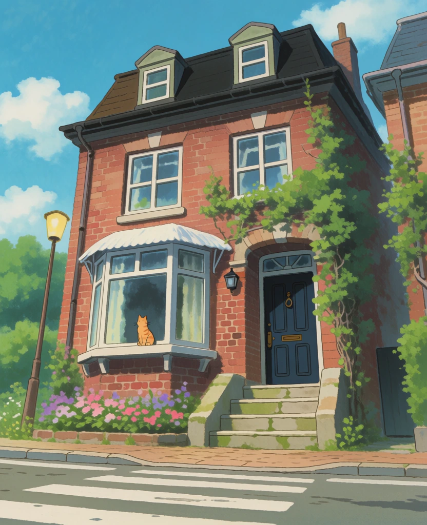 Street-level view of a cozy British-style flat exterior. A sleepy cat sitting by the first-floor window, gently swaying its tail while gazing outside. The house feels charming, quaint, and snug in classic English style. A tiny front garden beneath the window and near the entrance door filled with colorful blooming flowers. Warm, intimate atmosphere, storybook-like charm, soft natural daylight, detailed yet cozy illustration, inviting neighborhood mood