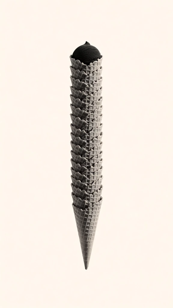 A long, vertical stack of approximately twenty waffle cones topped with a solid black scoop of ice cream is centered against a plain, light cream background. The stack forms a tall, spindle-like column, created by nesting the cones into one another from top to bottom. Each cone features a prominent cross-hatched waffle texture, with deep shadows emphasizing the grid pattern and the overlapping edges where one cone enters the next. At the very top, a dark, matte black scoop sits nestled in the uppermost cone, topped with a small, rounded peak. The lighting originates from the right, casting soft shadows on the left side of the vertical structure and highlighting the three-dimensional texture of the baked material. The entire composition is minimalist and symmetrical, using a monochromatic sepia-toned color palette where the cones appear in shades of light tan and gray against the uniform, featureless backdrop. The perspective is a straight-on, eye-level shot, making the object appear as if it is floating in the center of the frame.