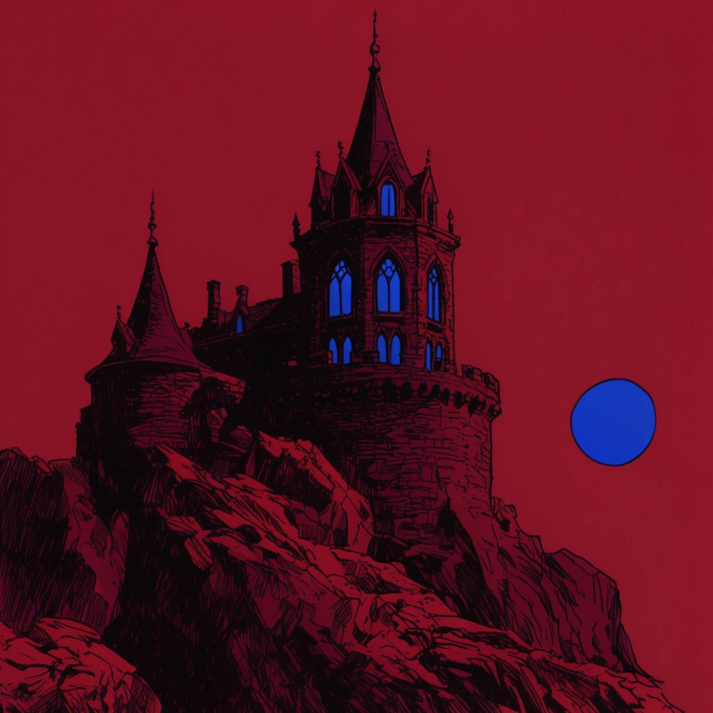 A dark gothic stone fortress sits atop a rocky outcropping against a solid deep red sky. The stylized illustration uses heavy black ink linework and hatching to define the craggy cliffs and spired tower. Arched windows glow with vibrant blue light, matching a perfect blue circular celestial body on the right. The artwork features a limited palette of crimson, black, and electric blue, resembling vintage dark fantasy comic art with high contrast and flat color fills.