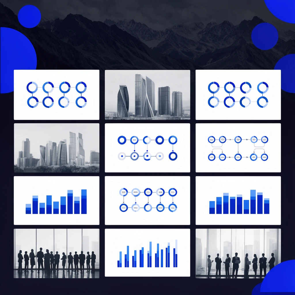 vertical grid of presentation slides, dark mountain header with blue geometric circles, three-column array of rectangular thumbnails, royal blue and white palette, circular infographic charts, vertical bar graphs, interconnected flowcharts, grayscale photos of modern skyscrapers and business silhouettes, minimalist corporate aesthetic, flat vector data visualizations, UI design portfolio showcase