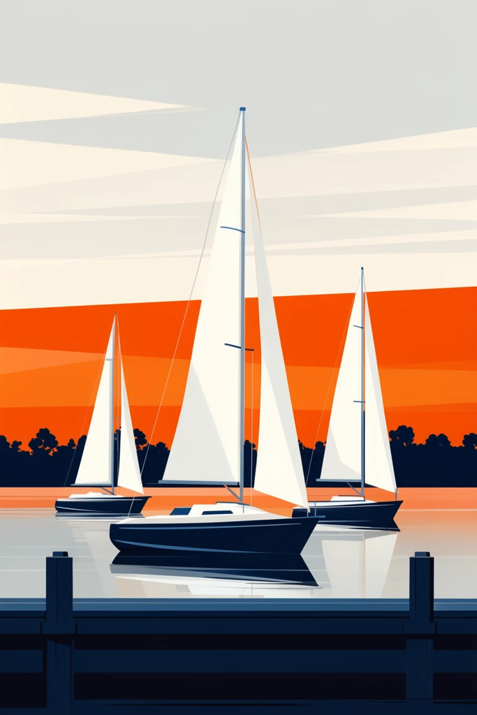 three sailboats on calm water, minimalist vector illustration, navy hulls, crisp white sails, dark foreground pier, silhouetted tree line, vibrant orange geometric sunset band, pale stylized clouds, flat colors, clean lines