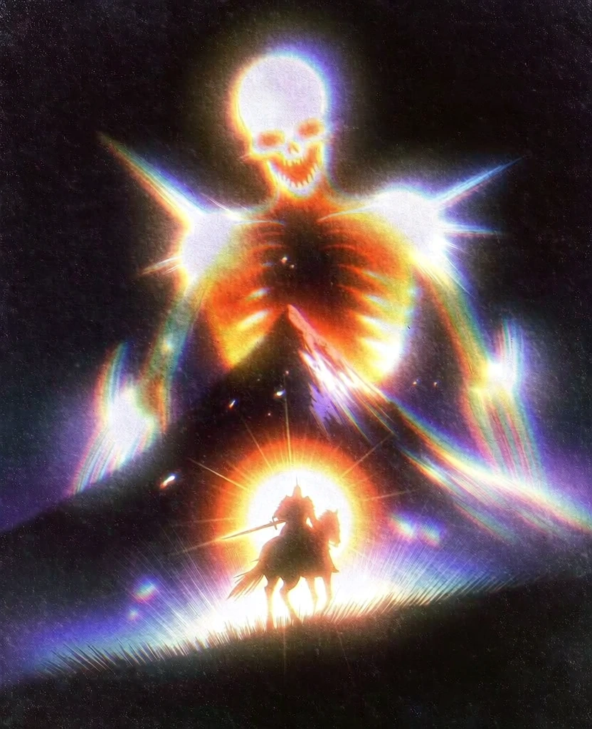 silhouette of a lone mounted knight, facing a colossal skeletal titan emerging from a mountain, intense white-hot solar bloom, radiant orange and yellow ethereal glow, heavy analog film grain, deep void black background, heavy chromatic aberration with prismatic cyan and magenta fringing, soft-focus blur, lo-fi dreamcore aesthetic, radiant light halo, spectral lighting, cosmic atmospheric perspective, high-contrast silhouette composition