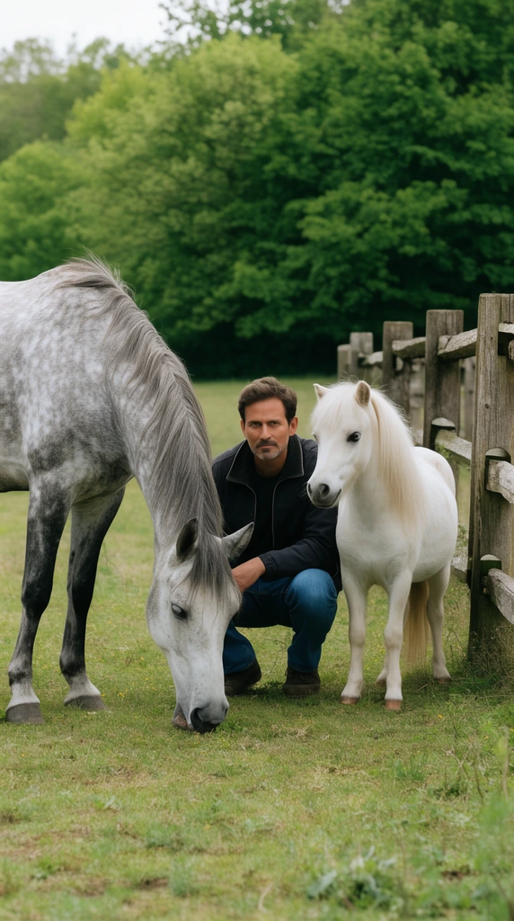 man crouching in a pasture between two horses, large dapple grey horse grazing on the left, small white pony standing on the right, man wearing a dark jacket and blue jeans, rustic wooden post-and-rail fence bordering the right, lush green trees in the background, soft natural daylight
