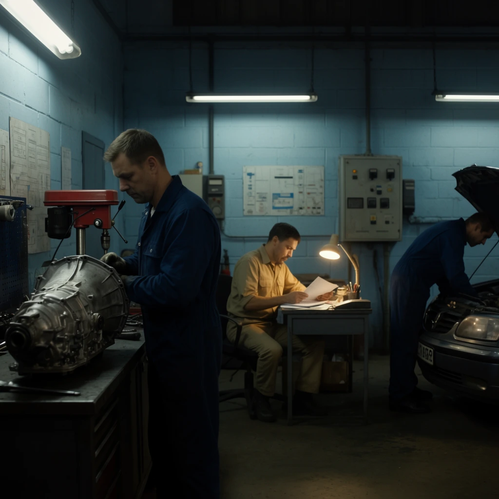 A cinematic widescreen view of mechanics working in a dimly lit industrial garage with pale blue cinderblock walls. In the left foreground, a man in dark blue coveralls repairs a large, silver metallic transmission resting on a workbench alongside a red drill press. In the center midground, a man in a tan uniform reviews paperwork at a metal desk under the warm glow of a desk lamp. To the far right, another mechanic in blue coveralls leans under the open hood of a vehicle. Suspended fluorescent fixtures cast pools of cool illumination across the room, creating dramatic shadows on the electrical panels and wall diagrams. The composition uses anamorphic framing and deep staging to layer the subjects throughout the moody workspace.