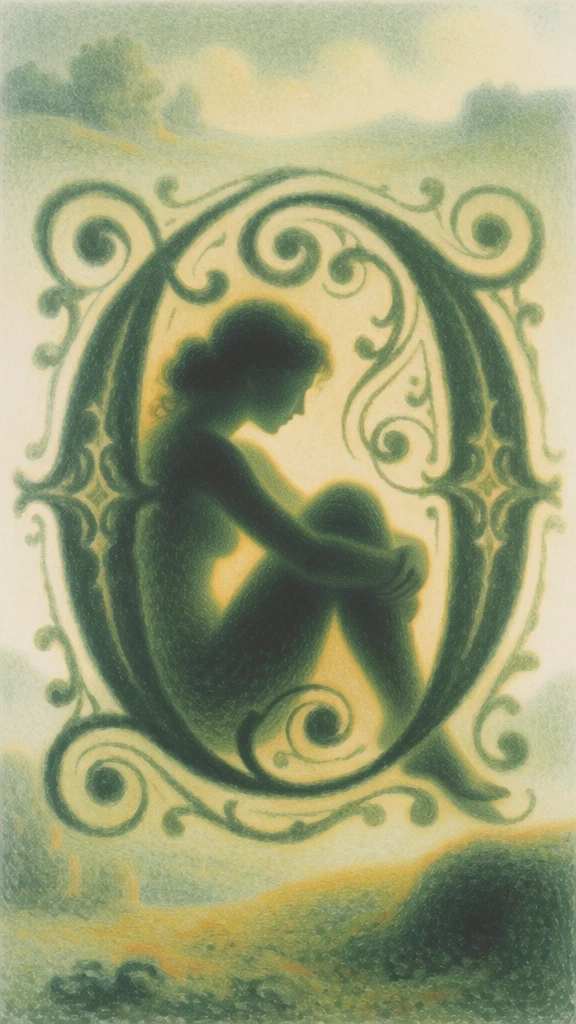 a silhouetted woman nestled within a large ornate calligraphic initial o, rendered in a heavy-grain impressionistic style, soft-focus stippled brushwork, muted sage and ochre palette, atmospheric sfumato effect, blurred edges, ethereal diffused light, low-contrast hazy textures, the letterform integrated into a dreamlike landscape, pointillist noise, tactile canvas grain, luminous gold highlights, minimalist composition with wide negative space, soft painterly medium