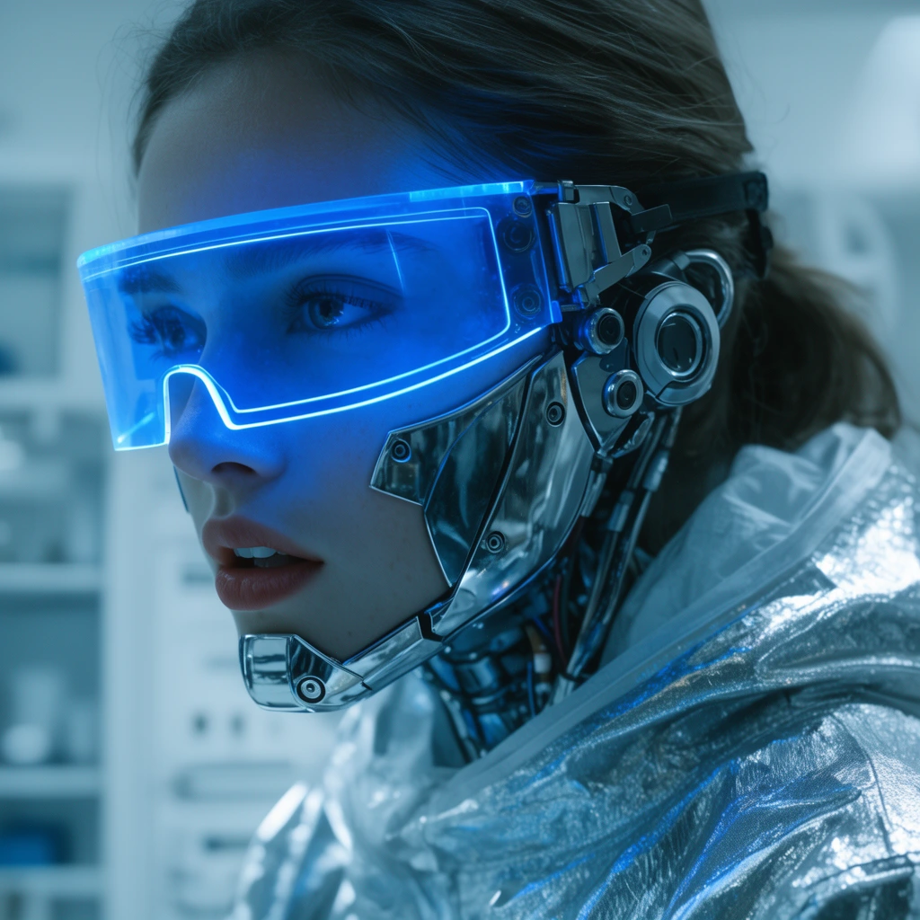 Close-up profile of a young female cyborg with metallic cheek panels wearing a glowing blue visor and silver hazmat suit. Her expression is intense with parted lips. Stark neon blue lighting illuminates her face against a blurred, sterile white laboratory background. The cinematic shot uses shallow depth of field, highlighting the reflective chrome textures of her high-tech gear.
