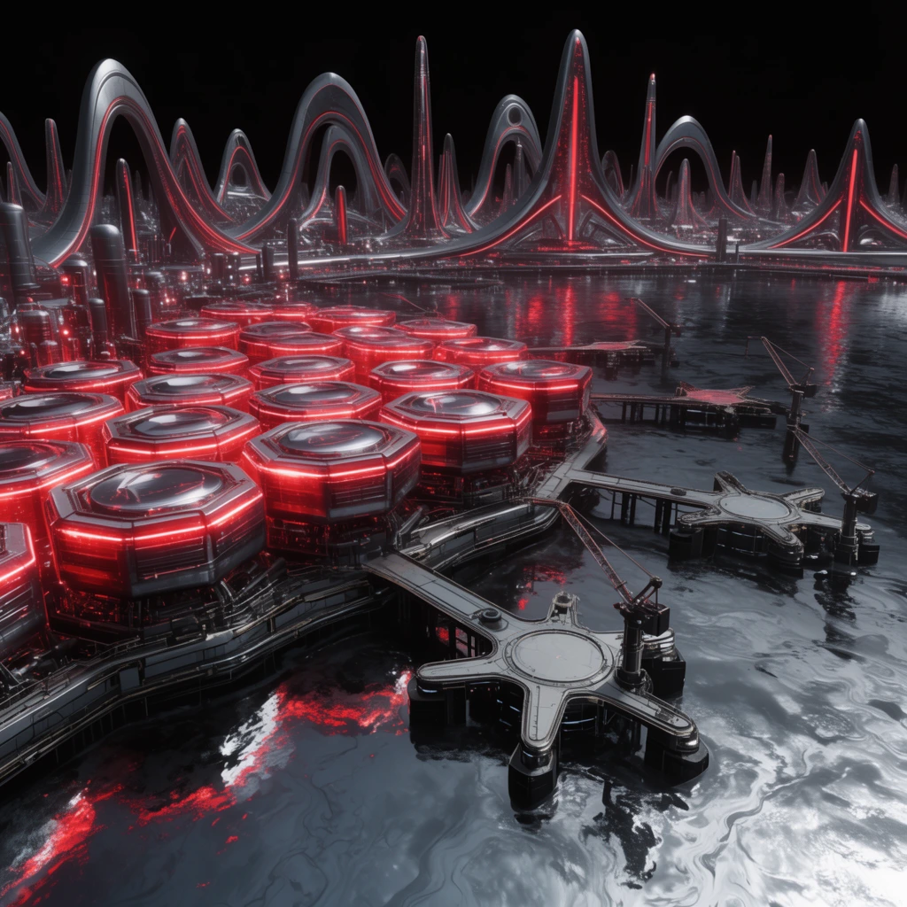 An automated energy refinery glows over a sea of dark liquid mercury. Stacks of hexagonal plasma vats dominate the left, their edges radiating crimson light against gunmetal surfaces. Sleek industrial docks with star-shaped platforms and mechanical cranes extend into the reflective fluid. A massive background skyline of sweeping parabolic arches and towering spires is illuminated by pulsating red neon architectural accents under a pitch-black sky. Wide-angle futuristic architectural rendering.