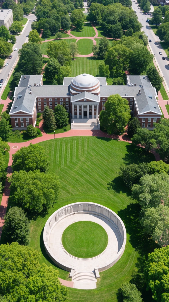 aerial view of a sprawling neoclassical campus, bird's-eye perspective, central domed building with white columns and red brick, bright green lawns with striped mowing patterns, large circular stone monument enclosing a grassy area in the foreground, winding red brick pathways, dense canopy of mature green trees, adjacent paved roads with scattered vehicles, bright clear daylight, vivid summer foliage, architectural landscape photography, crisp focus