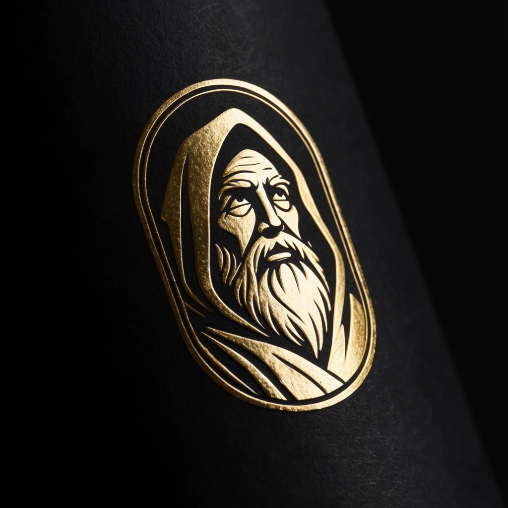 A metallic gold foil emblem stamped onto a curved sheet of thick, matte black paper. Enclosed in an elongated oval border, the embossed design features a stylized, high-contrast portrait of a hooded, bearded elder gazing upward. Dramatic, low-key lighting reflects off the textured gold surface, emphasizing crisp edges and subtle paper grain. Macro photography with shallow depth of field highlights the luminous metallic details against the deep shadow.