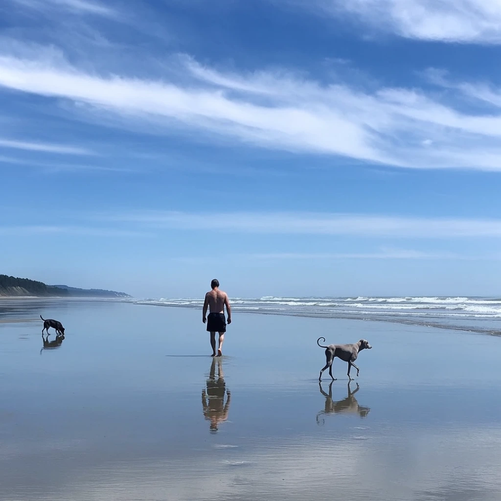 A shirtless man in dark swim trunks walks away along an expansive, mirror-like wet beach accompanied by two dogs under a vast blue sky. His figure is perfectly reflected in the thin layer of water covering the flat sand. To his right trots a light grey dog with a curled tail, while a dark dog explores the shallow surf on the far left, both casting sharp reflections. Gentle white waves roll in on the right, and a distant tree-lined bluff fades into the horizon on the left. The upper two-thirds of this wide-angle landscape photograph features bright blue skies streaked with sweeping, elongated white clouds, emphasizing the serene, minimalist scale of the sunlit shoreline.