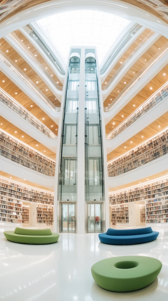 symmetrical architectural photography of a modern multi-story library atrium, fisheye lens distortion, towering central glass elevator shafts, bright skylight, sweeping curved walls lined with vast bookshelves, tiered balconies with wood ceilings, reflective white floor, minimalist curved green and blue sofas, bright high-key lighting