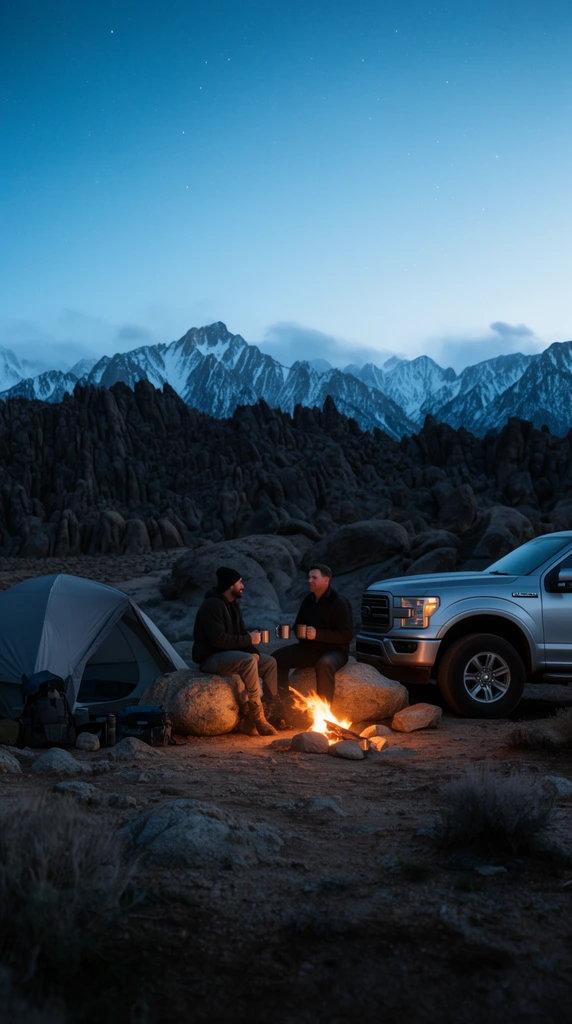 two men on a boulder by a campfire holding mugs, silver pickup truck on the right, grey dome tent with gear on the left, rocky desert clearing, dark jagged rock formations, snow-capped mountains in the distance, twilight sky with faint stars, wide-angle cinematic photography, cool blue ambient light contrasting with warm orange fire glow