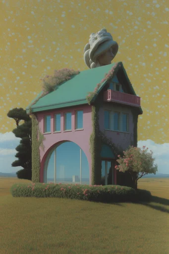 Surrealist Pastoral Dreamscape style reference image — whimsical oversized forms