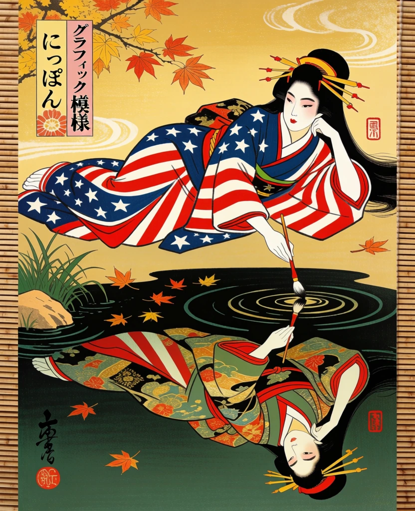 An ukiyo-e style illustration depicts a woman in an American-flag-patterned kimono reclining in mid-air above her own reflection in a dark pool of water. The woman, positioned in the upper half of the frame, wears a vibrant kimono featuring bold red and white stripes and deep blue sections decorated with white five-pointed stars. She has pale skin and long, flowing black hair styled with several traditional yellow and red kanzashi hairpins. Reclining on her side, she props her head with her left hand while her right arm extends downward, holding a thin brush that touches the tip of a matching brush held by her reflection. The reflection below her shows the same woman but dressed in a traditional Japanese kimono with intricate patterns of green, gold, and black floral motifs. The water is dark and greenish-black, with concentric ripples emanating from the point where the two brushes meet. The upper background is a solid golden-yellow field accented with faint, white cloud-like swirls. In the top left corner, a branch of autumn maple leaves with yellow and orange foliage extends into the scene, with individual leaves scattered and falling toward the water. A small patch of green reeds and a tan rock are visible at the water's edge on the left. In the upper left, two vertical cartouches contain the text "にっぽん" in black on a yellow background and "グラフィック 模様" in black on a pink background with a floral design. A small red square seal is placed near the woman’s shoulder on the right, mirrored by another seal in the reflection. In the bottom left corner, black vertical calligraphy and a round red seal are present. The entire composition is framed on the left and right by the vertical slats of a light brown bamboo mat. The artistic style is a modern interpretation of traditional woodblock prints, characterized by flat color fields, precise outlines, and a symmetrical, symbolic composition.