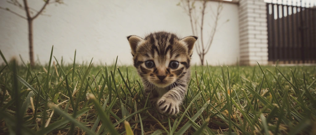 A tiny tabby kitten steps forward through tall blades of green grass in an extremely low-angle, close-up photograph. The diminutive feline features dark brown and black stripes over downy tan fur, oversized glossy dark eyes, and small rounded ears. Its fragile front paw reaches forward through the tangled turf. A shallow depth of field sharply isolates the kitten's face while softly blurring the background, which reveals a plain white stucco wall, slender bare saplings, a white brick pillar, and a dark metal fence. Diffused natural daylight illuminates the scene, enhanced by a muted, vintage color grading that emphasizes earthy greens and warm browns.