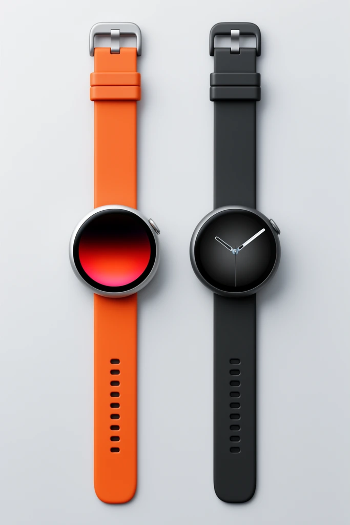 two circular smartwatches flat lay on light gray, left watch has silver casing and orange strap with red glowing gradient on screen, right watch has charcoal casing and black strap with metallic analog hands, minimalist product photography, clean lighting