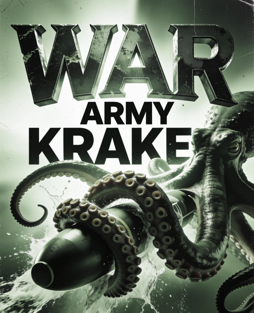 bold industrial typography reading "war army kraken" at the top, a massive kraken with thick tentacles coiled around a naval bomb positioned below the text, dynamic water splashes, monochromatic sage green color palette, high-contrast chiaroscuro lighting with a central luminous glow, heavy cinematic film grain, gritty analog surface textures and distressed film imperfections, visceral atmospheric mood, dark moody aesthetic, high-signal tactile rendering.