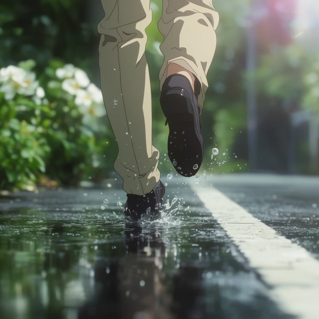 low angle shot of legs running on wet asphalt, anime art style, beige pants and dark shoes, one foot lifted mid-stride, opposite foot splashing water droplets, highly reflective wet street with a white line, shallow depth of field, blurred green foliage and white flowers in background, soft cinematic lighting, faint lens flare, atmospheric aesthetic
