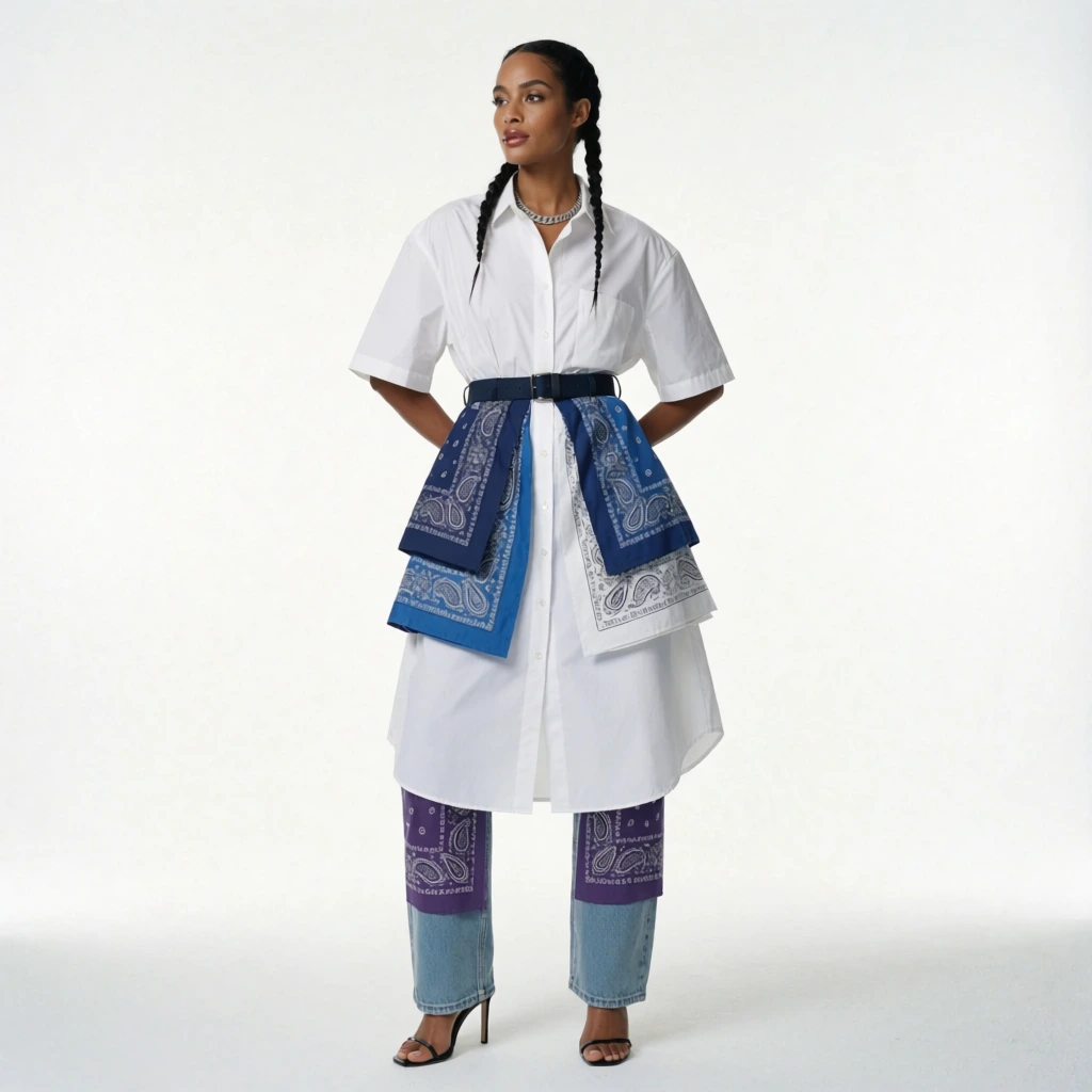 A full-body studio fashion portrait of a poised woman standing against a seamless bright white background. She has dark skin and dark hair styled in two long braids. She wears an oversized white short-sleeved collared shirt dress, cinched at the waist by a navy belt with hanging layers of blue and white paisley-patterned fabric cascading down the front. Beneath the dress hem, light wash blue jeans feature wide purple and white paisley-patterned patches on the lower legs. Black strappy high-heeled sandals and a delicate silver chain necklace complete the look. Her hands rest behind her back as she gazes off-camera to the left. Soft, even studio lighting highlights the crisp textures and bold structural silhouette of her layered garments against the minimalist setting.