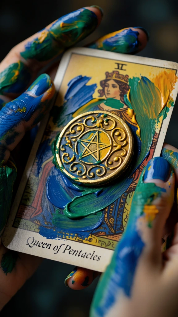 macro close-up of a tarot card featuring a woman's hands holding a massive golden coin, fingers and palms heavily smeared with thick vibrant paint in shades of cobalt blue, emerald green, and ochre, rich tactile textures with visible brushstrokes and pigment layers, shallow depth of field, soft cinematic lighting, dark moody background, expressive and artistic aesthetic, elegant serif text reading queen of pentacles, saturated colors, high contrast, intimate composition.