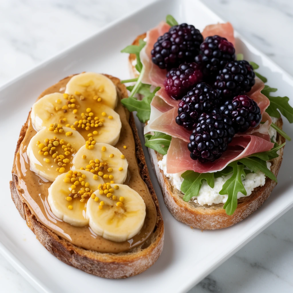 two loaded artisan toasts on a white rectangular plate, left toast with smooth nut butter overlapping banana slices glossy honey and yellow bee pollen, right toast layered with white cheese spread pink prosciutto fresh green arugula and juicy dark purple blackberries, white marble surface, close-up food photography, high-angle perspective, soft natural lighting, glossy textures