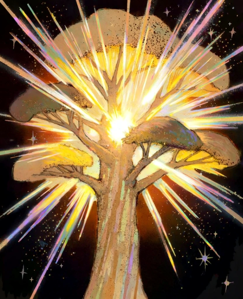 surreal cosmic illustration of a tree with a vertically striped trunk and thick bulbous foliage clusters, intense warm golden light bursting from its core, sharp prismatic rays radiating outward with chromatic aberration, grainy stippled texture throughout, scattered stars and stardust against a deep black void background, painterly hand-drawn aesthetic, high contrast, ethereal atmosphere, glowing embers, fine celestial details, warm amber and gold color palette.