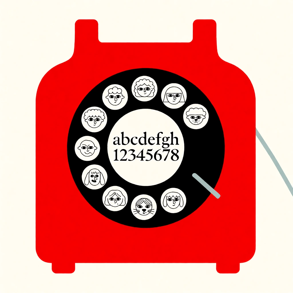 A minimalist, flat graphic illustration depicts a bright red rotary-style telephone against a plain off-white background. The telephone base is a solid red silhouette with two upright cradle extensions at the top and two small protrusions at the bottom serving as feet. Dominating the center of the red body is a large, solid black circle representing a rotary dial. Arranged in a ring around the perimeter of this black dial are nine smaller white circles, each containing a simple black-line drawing of a face with varied expressions. These faces include characters with curly hair, straight hair, different eye shapes, and animal-like features such as floppy ears and whiskers. In the very center of the black dial is a larger white circle containing two rows of black serif text. The top row reads "abcdefgh" and the bottom row reads "12345678". A single, thin, light-blue-grey diagonal line extends from the right side of the telephone base to the edge of the frame. The artistic style is characterized by bold, flat colors, clean lines, and a two-dimensional perspective, creating a playful and graphic composition.