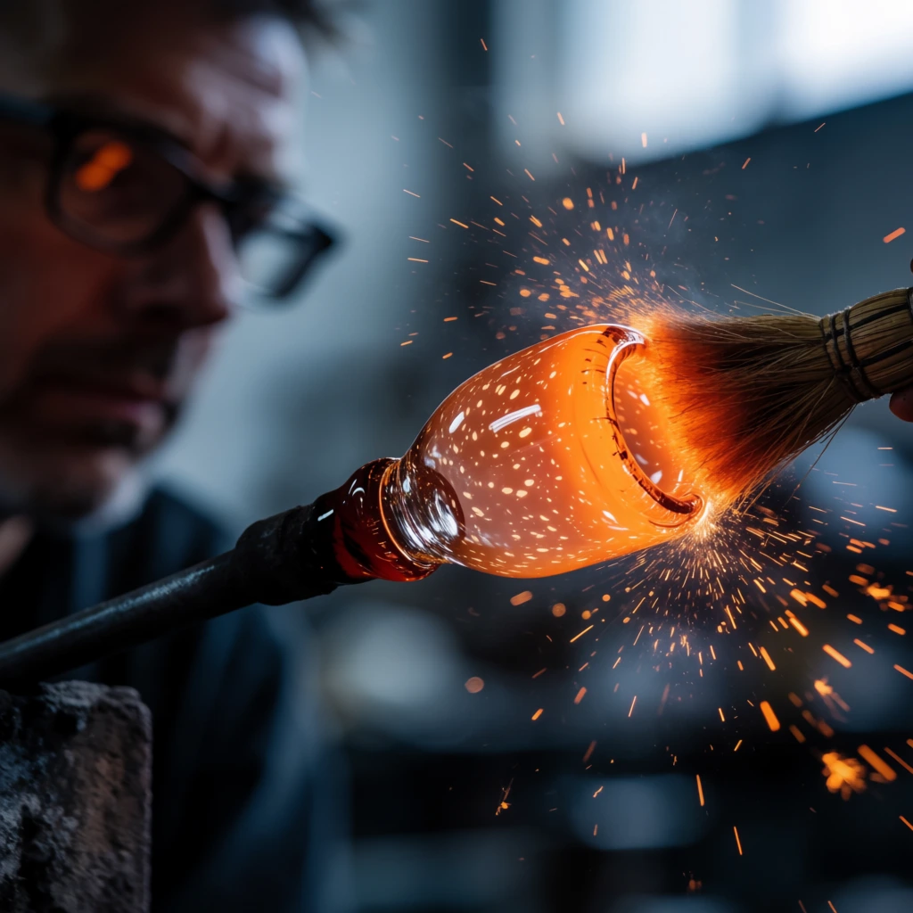Glowing molten glass on a dark metal blowpipe is shaped by a straw brush, erupting in a dynamic shower of bright orange sparks. The speckled, semi-transparent glass and fiery floating embers are in sharp macro focus, contrasting with the heavily out-of-focus profile of a man wearing glasses on the left. Set in a cool, dimly lit industrial studio, the cinematic composition highlights the striking color contrast between the intense, warm heat of the glassmaking process and the muted blue-grey bokeh background.