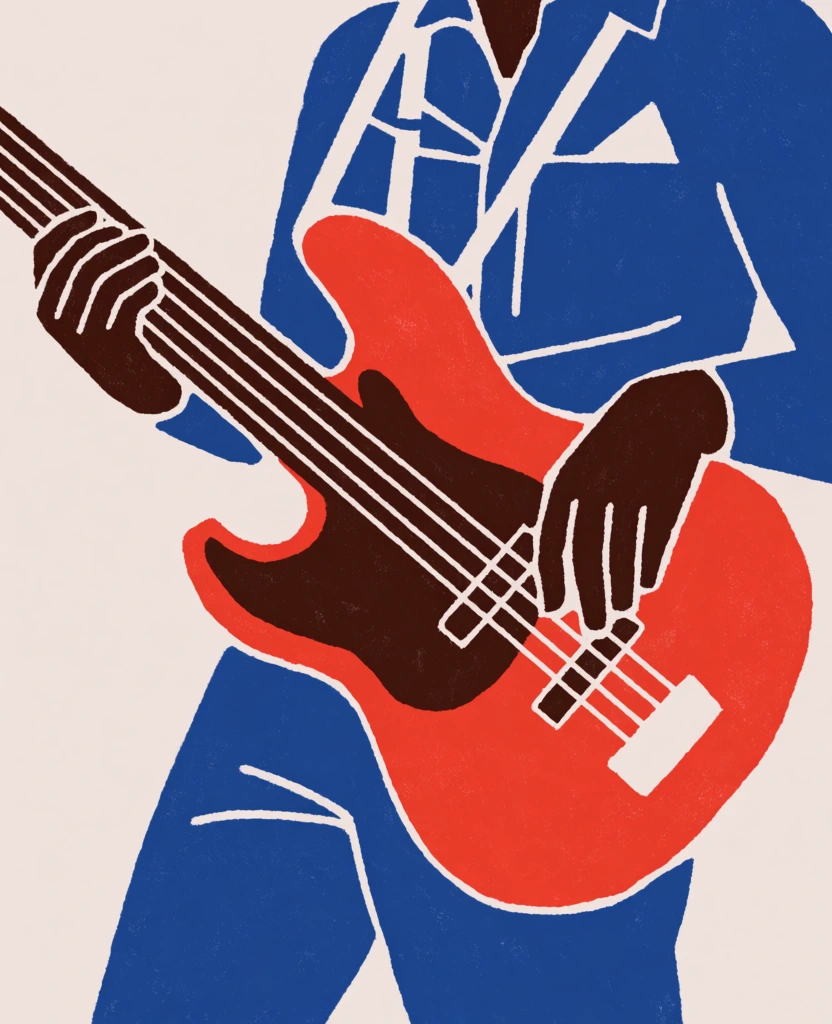A minimalist linocut-style illustration depicts a person playing a vibrant red bass guitar against a simple, light beige background. The central subject is a bright red, stylized bass guitar with four thick strings and a dark brown fretboard and pickguard. A dark brown hand on the left grips the neck of the guitar, while another dark brown hand on the right rests its fingers on the strings near the body. The musician, rendered in a solid, deep blue, is shown from the waist up, with their torso and legs framing the instrument. The blue figure features white linework detailing, including vertical dashes on the straps or suspenders and a small square pattern on the right hip. The composition is a close-up, focusing on the intersection of the hands, instrument, and torso. The artistic style is characterized by bold, flat color blocks, visible paper texture, and slightly irregular edges typical of block printing or screen printing techniques. The color palette is limited to primary blue and red, accented by dark brown and the off-white tone of the paper. Lighting is flat and non-directional, emphasizing the graphic and two-dimensional nature of the print.