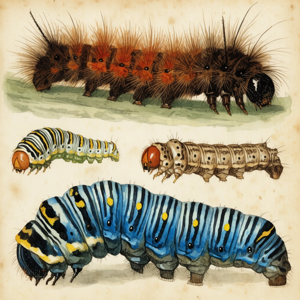 vintage entomological illustration of diverse caterpillars, watercolor on aged parchment, fuzzy brown and orange caterpillar, striped blue larva, scientific art style