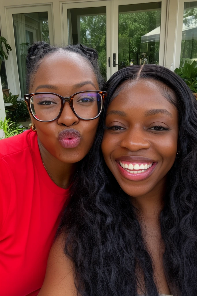 close-up selfie of two Black women outdoors, left woman in red shirt and glasses making puckered lips, right woman with long wavy hair smiling broadly, bright natural daylight, patio background with glass doors and green plants