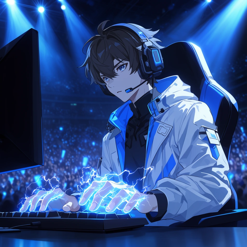 An anime-style male gamer in a white jacket and headset operates a keyboard as bright blue electrical arcs crackle across his fingers. He sits behind a large monitor on a dark stage illuminated by intense blue spotlights. The blurred background shows a vast stadium audience holding glowing lights. The cinematic scene features a cool blue palette and dynamic lighting.