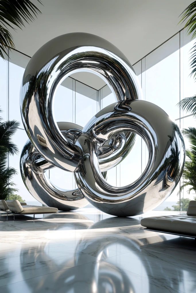 A colossal, highly reflective chrome sculpture composed of interconnected geometric torus shapes dominates a bright, airy modernist glass pavilion. The polished metallic surfaces of the giant rings deeply warp the reflections of the surrounding sleek white marble floors and minimalist low-profile leather lounge chairs. Lush indoor palm trees frame the edges, contrasting with the gleaming metal. Floor-to-ceiling panoramic windows flood the interior with crisp, diffused natural daylight. Captured from a dramatic low wide-angle perspective, the hyper-realistic composition highlights the surreal interplay of light and reflection, emphasizing the imposing scale of the futuristic mirrored art piece within a serene, contemporary architectural space.