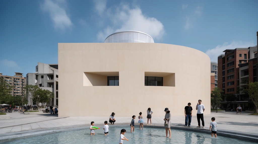A light beige, monumental building with a curved facade and two rectangular window cutouts, a circular, translucent structure on its flat roof, situated in a paved public plaza, a shallow, curved wading pool in the foreground, several children playing in the water, one child with a green water gun, adults standing at the pool's edge, modern multi-story buildings of concrete and brick in the background, a blue sky with scattered clouds, bright daylight casting sharp shadows, wide-angle perspective, architectural photography style.