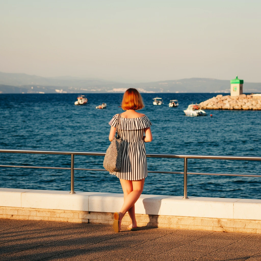 A woman with a reddish-blonde bob stands on a paved promenade facing a vast blue sea. She wears a short, off-the-shoulder dress with vertical black and white stripes and carries a geometric-patterned tote bag over her left shoulder. Her legs are casually crossed at the ankles beside a low white stone wall topped with a stainless steel railing. Warm golden hour sunlight casts elongated shadows to the left across the textured pavement. The background features deep blue waters dotted with small boats, a distant hazy mountainous coastline under a clear pale sky, and a stone breakwater on the right ending in a small square beacon with a bright green roof.