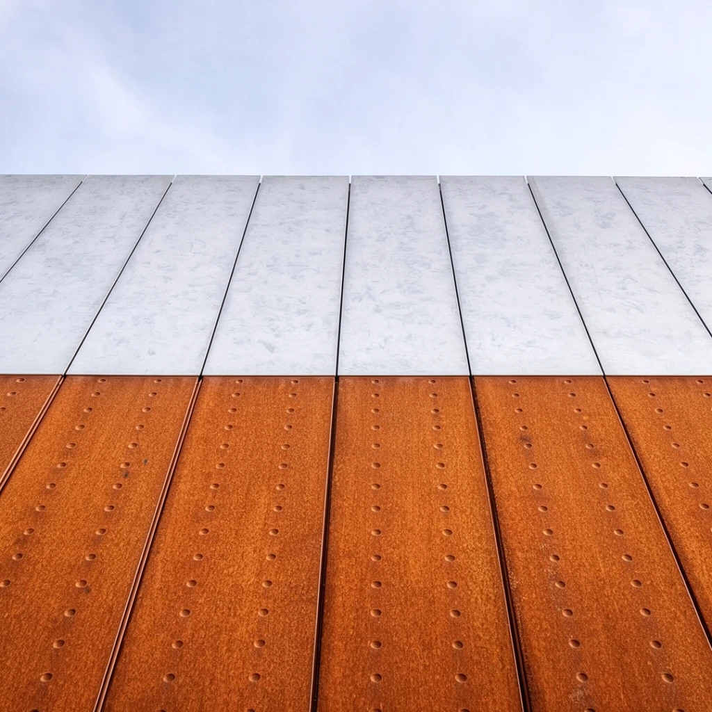 A low-angle architectural shot of a building facade horizontally divided into two contrasting materials against a pale, faintly clouded sky. The upper section features smooth, lightly mottled pale grey rectangular panels separated by dark vertical seams. The lower section consists of richly textured, rusted orange-brown metal panels with matching vertical seams and a uniform grid of small recessed circular fasteners. The upward perspective creates slight convergence in the vertical lines, emphasizing the crisp geometric contrast between the warm weathered metal and cool pale upper surface in soft natural daylight.