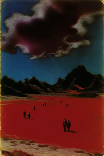 Crimson Surrealist Mythos style reference image — crimson and teal palette