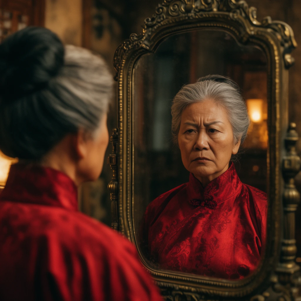 elderly Asian woman looking into an ornate antique brass mirror, over-the-shoulder perspective framing the back of her head on the left, reflection of her stern face on the right, silver hair pinned up, high-collared crimson silk robe, dimly lit vintage room, warm amber lighting, cinematic framing, shallow depth of field focused on the reflection, soft shadows, moody atmosphere