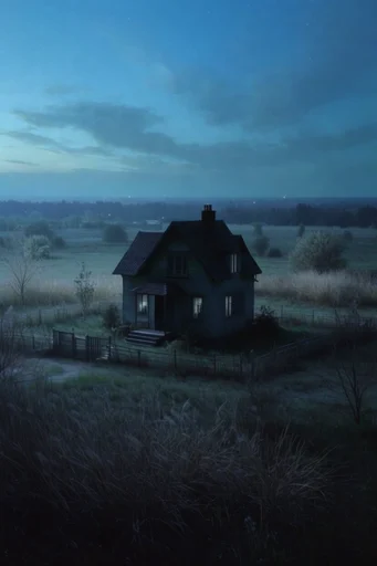 Cinematic Twilight Melancholia style reference image — vast overcast landscape