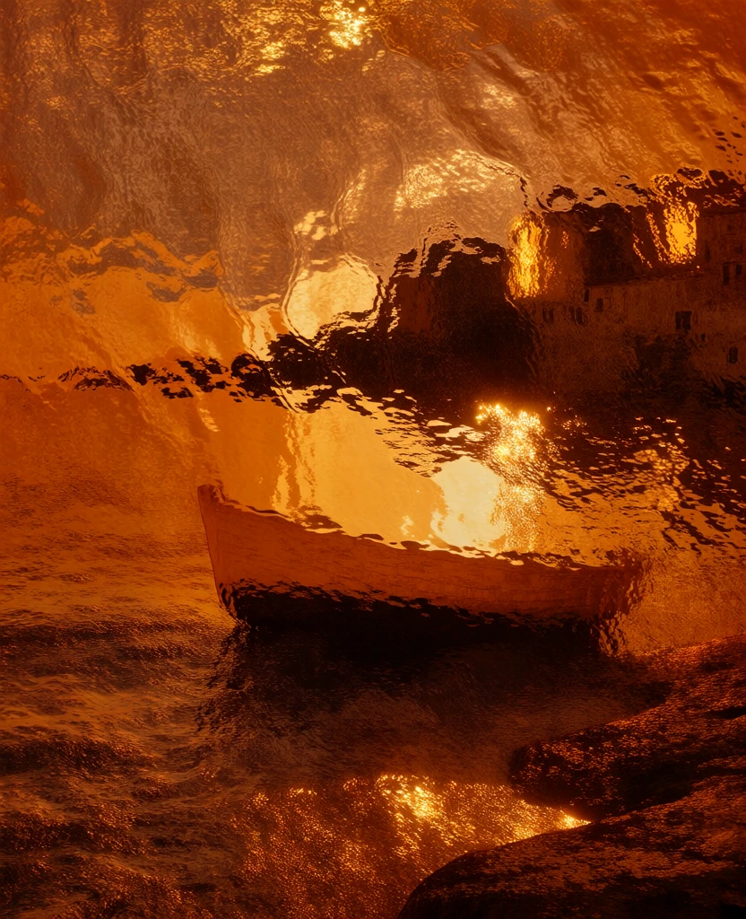 a tilted wooden boat resting on a rugged shoreline near a cluster of village silhouettes, rendered entirely in a monochromatic palette of molten amber and deep copper, high-viscosity rippled glass texture, refractive hammered metal surfaces, intense specular highlights and deep umber shadows, fluid distortion of architectural forms, shimmering golden hour caustics, a sense of hot liquid glass capturing a coastal scene, thick impasto light, ultra-high contrast, tactile and viscous.